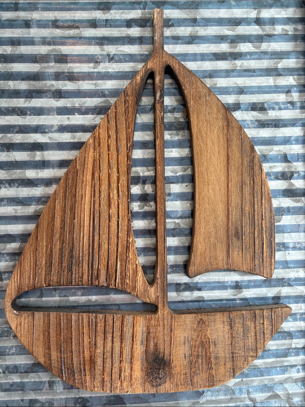Coastal Wooden Sailboat Wall Art - Brown & Blue - Picture 3 of 5